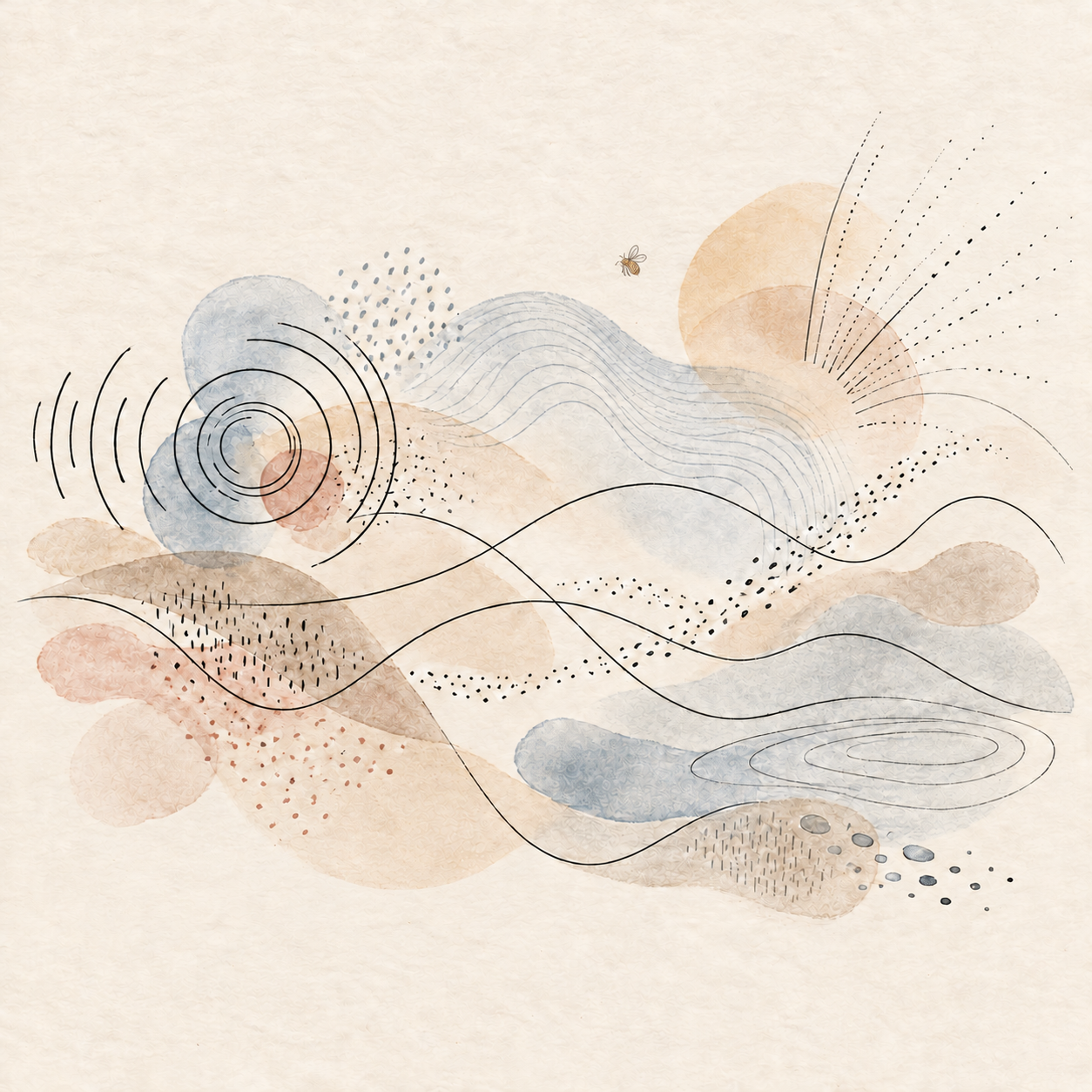 Illustration with blue and sand-coloured lines and a small bee