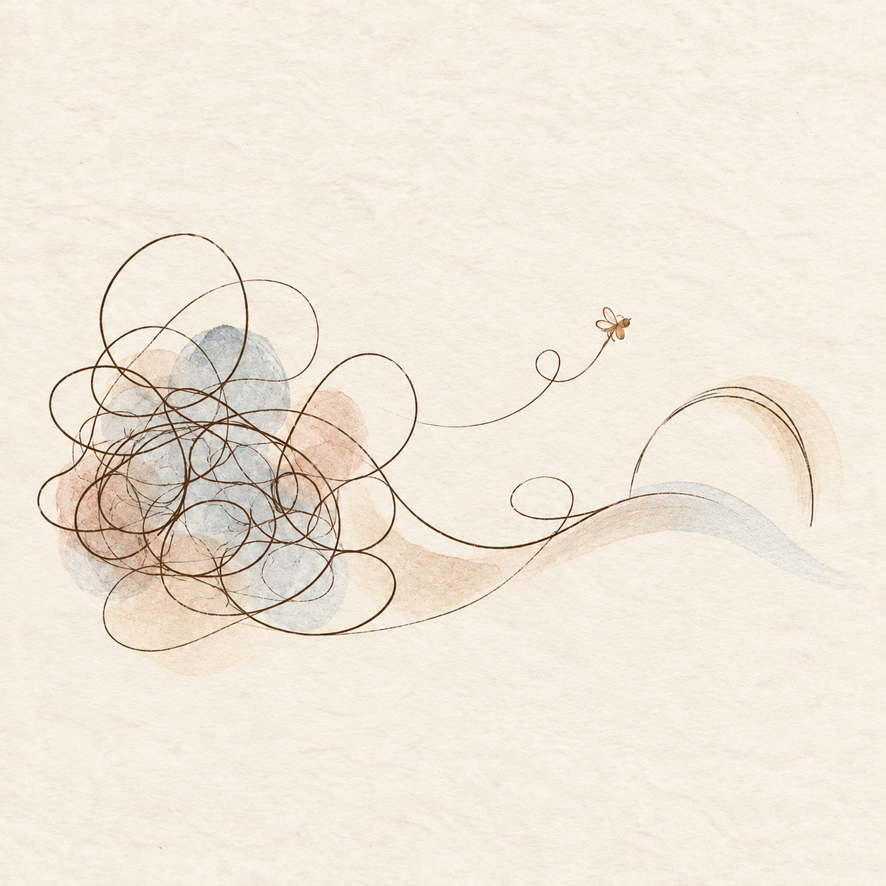 Illustration of fine loops in cream, blue and sand, with a small bee