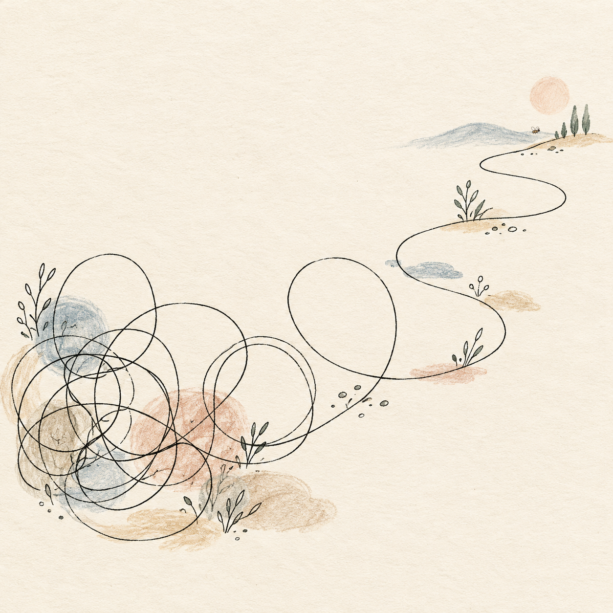 Illustration with open lines, a gentle path and a small bee