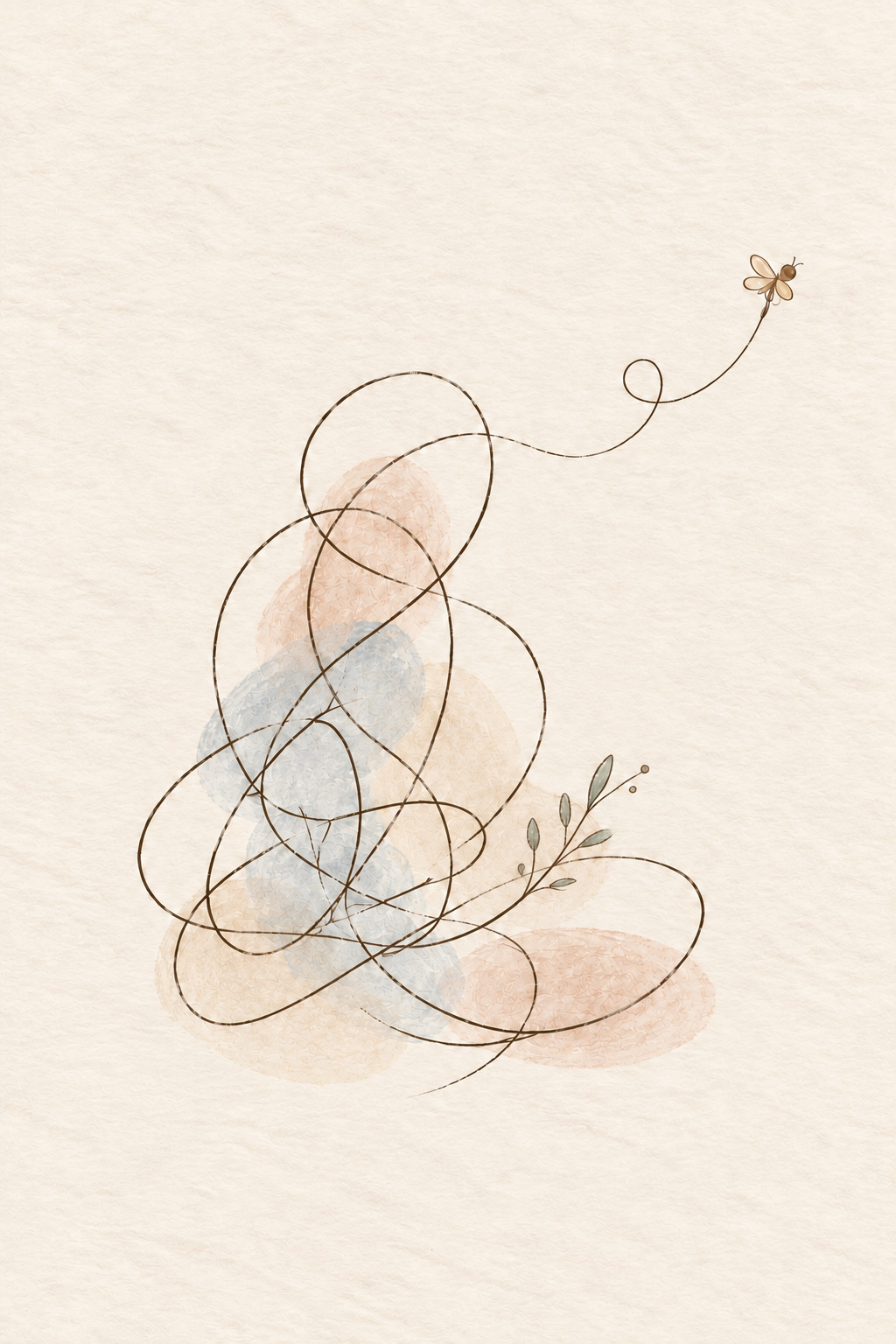 Abstract illustration with looping lines, soft color fields, a branch, and a small bee.